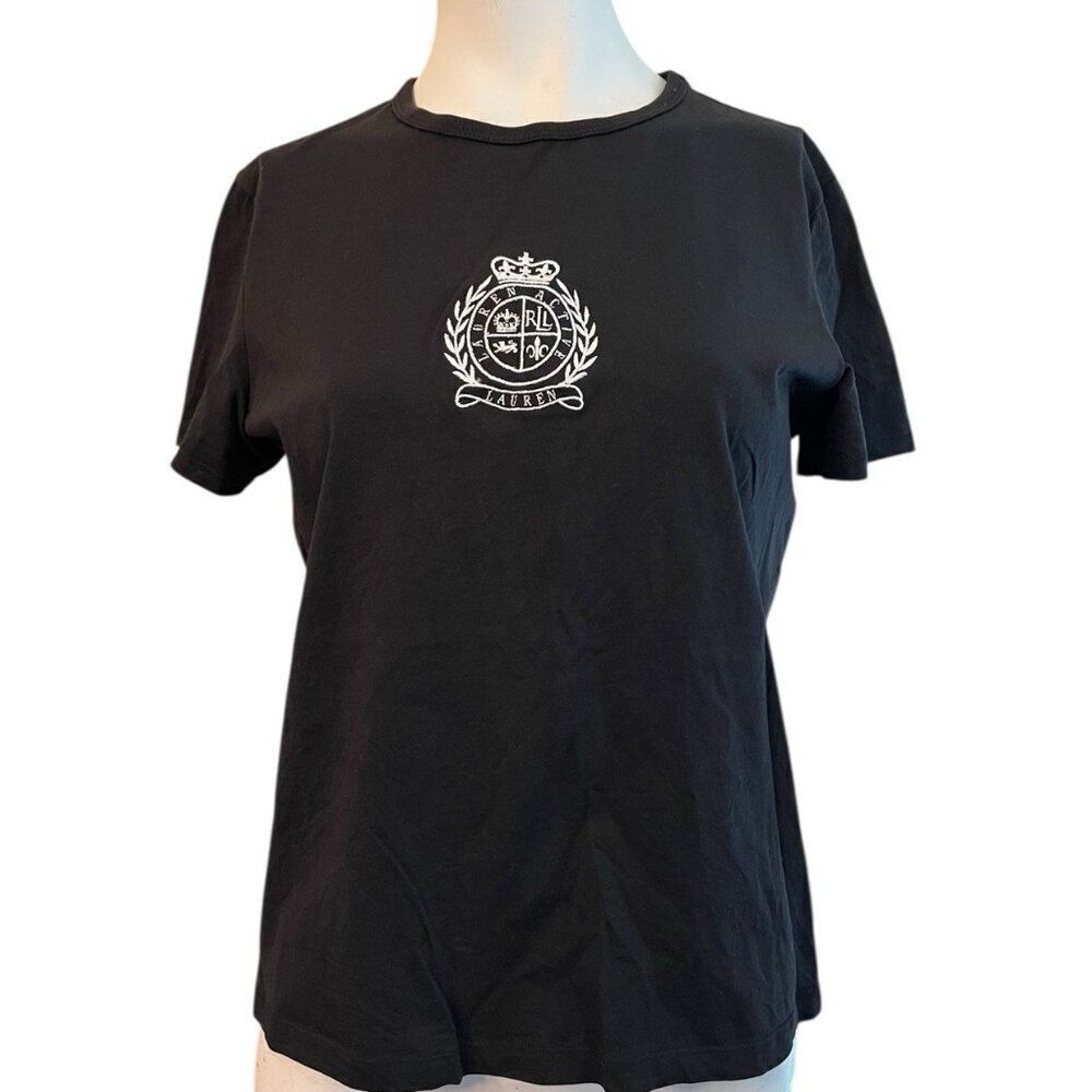 Lauren Ralph Lauren Womens Medium Black White Embroidered LRL Crown Logo T Shirt